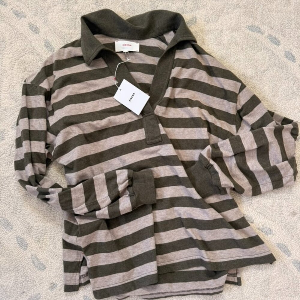 XiRENA Olive Green and Beige Striped Long Sleeve Polo Tee